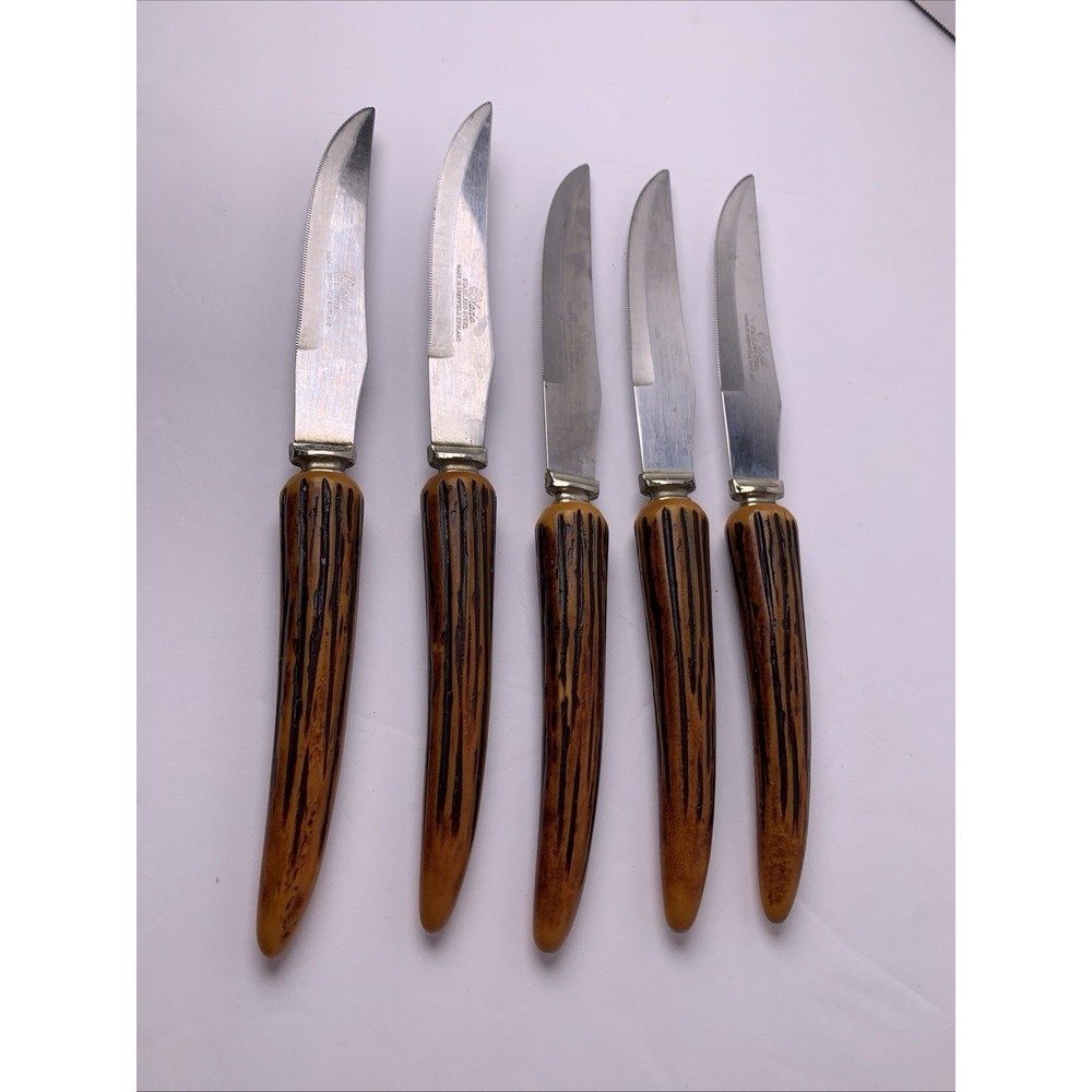 5 Vintage Steak Knives Stainless Steel Blade Sheffield‎ England Faux Antler